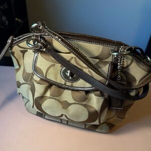 Coach Signature Flap Shoulder Bag F14661 Brown Canvas Leather Trim Turn Lock